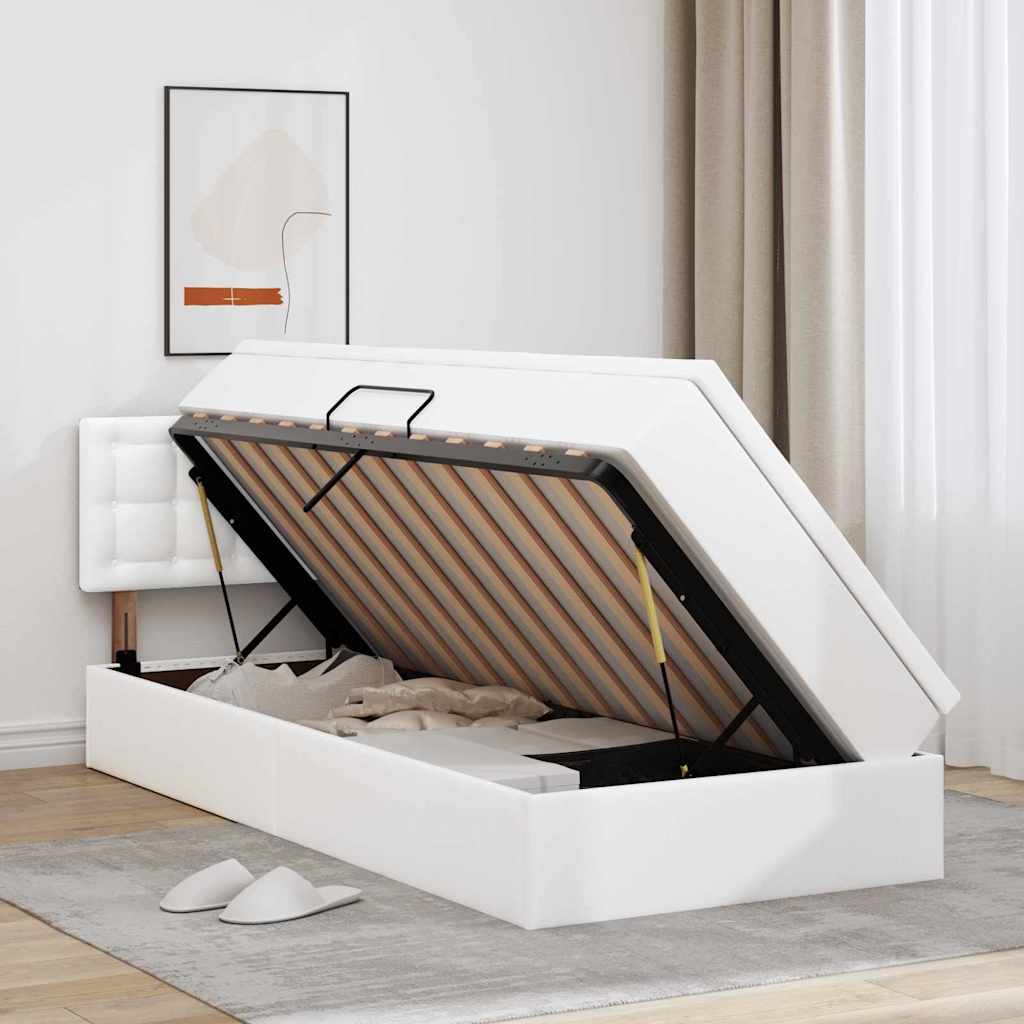 Opbergbed met LED met matras Puur Wit 100 x 200 cm Nep Leer is nu te koop bij PeponiXL, paradijselijk wonen!