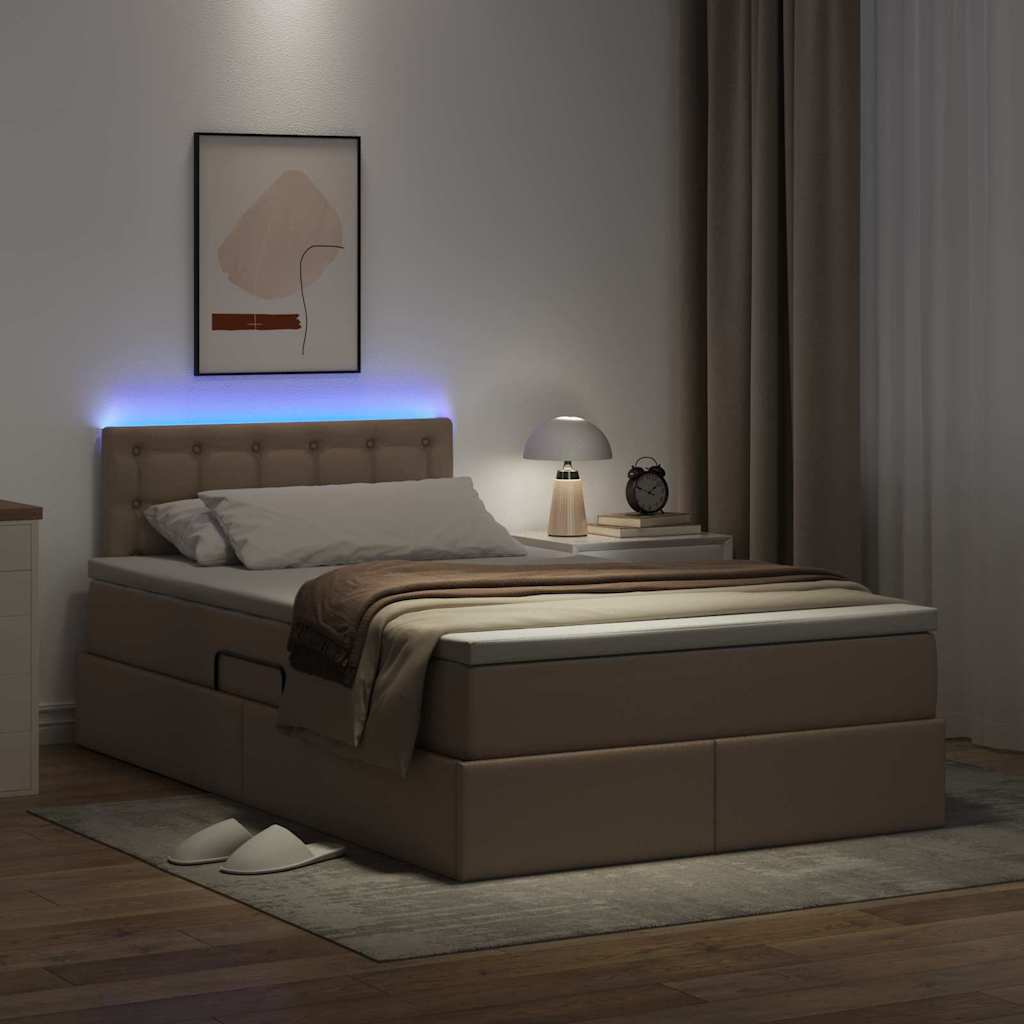 Opbergbed met LED met matras Cappuccino 120 x 190 cm Nep Leer