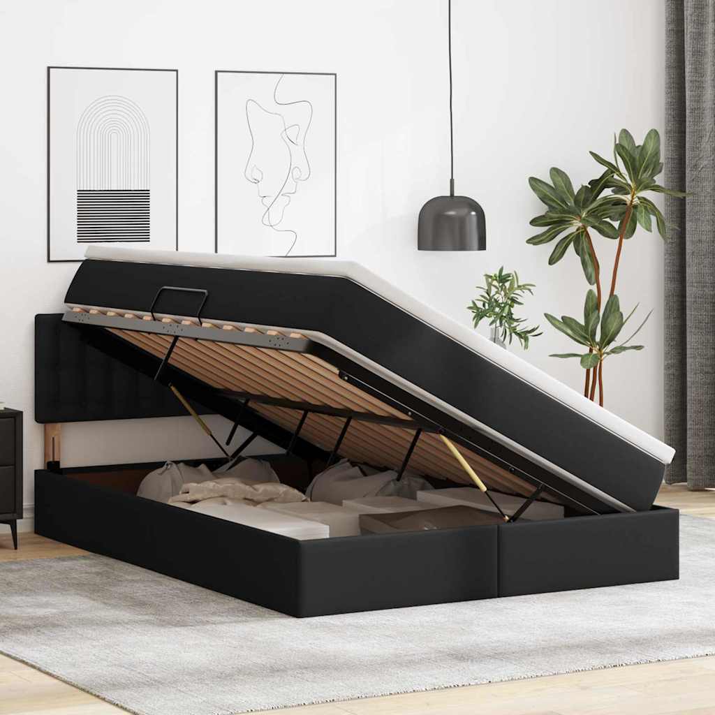 Opbergbed met LED met matras Zwart 140 x 200 cm Nep Leer is nu te koop bij PeponiXL, paradijselijk wonen!