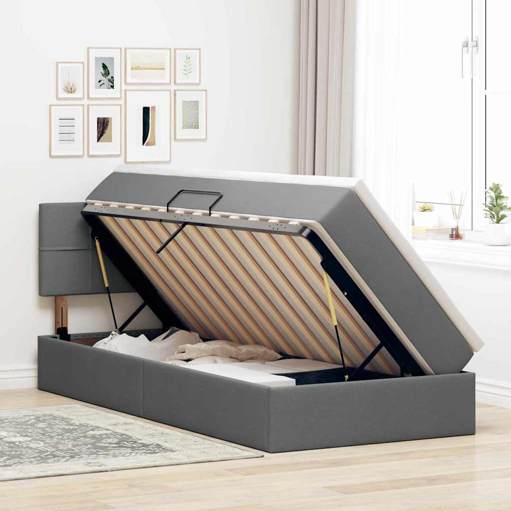Opbergbed met LED met matras Donkergrijs 100 x 200 cm Stof is nu te koop bij PeponiXL, paradijselijk wonen!