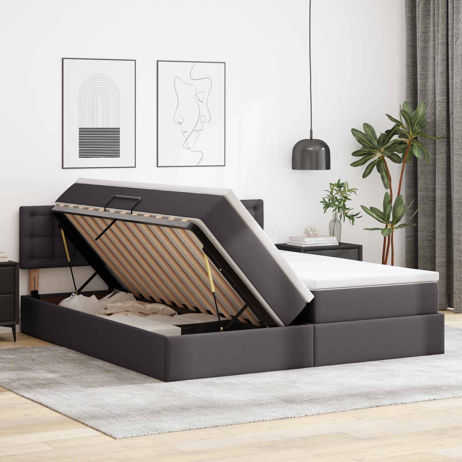 Opbergbed met LED met matras Grijs 180 x 200 cm Nep Leer is nu te koop bij PeponiXL, paradijselijk wonen!