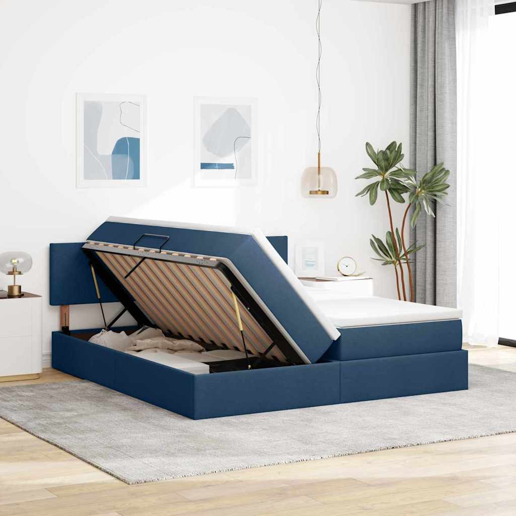 Bed met LED-striplichten met hoofdeinde Blauw 200 x 200 cm Stof is nu te koop bij PeponiXL, paradijselijk wonen!