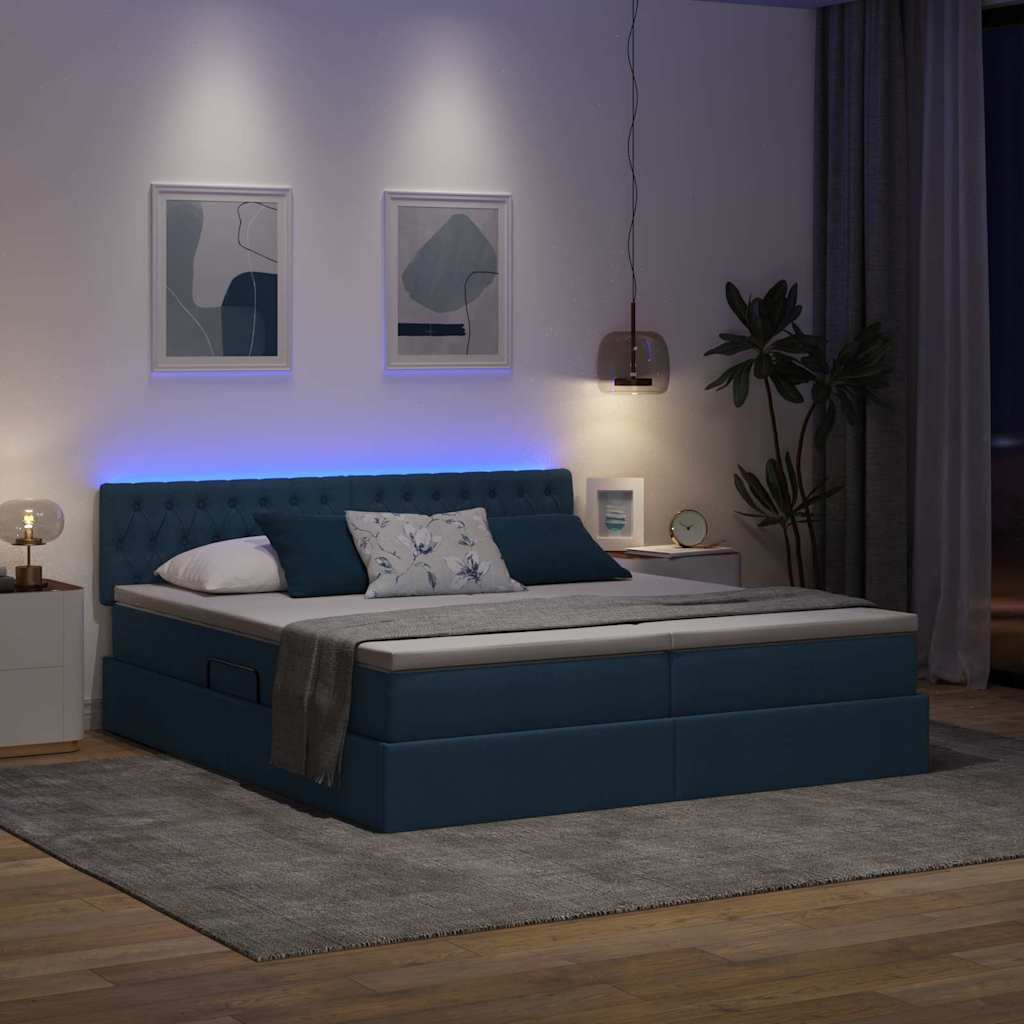 Bed met LED-striplichten met hoofdeinde Blauw 200 x 200 cm Stof is nu te koop bij PeponiXL, paradijselijk wonen!