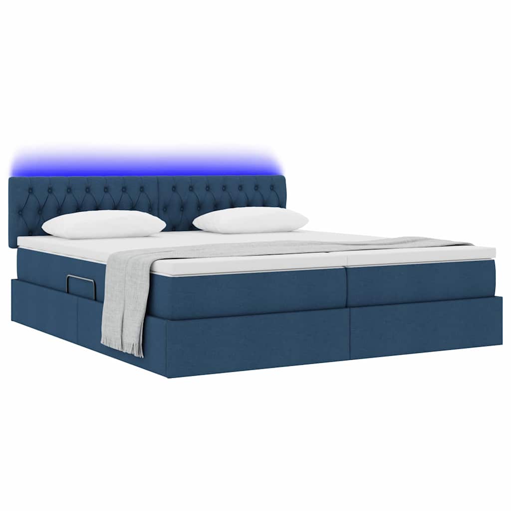 Bed met LED-striplichten met hoofdeinde Blauw 200 x 200 cm Stof is nu te koop bij PeponiXL, paradijselijk wonen!