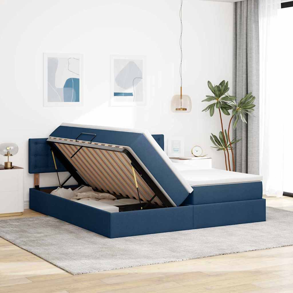 Bed met LED-striplichten met hoofdeinde Blauw 200 x 200 cm Stof is nu te koop bij PeponiXL, paradijselijk wonen!