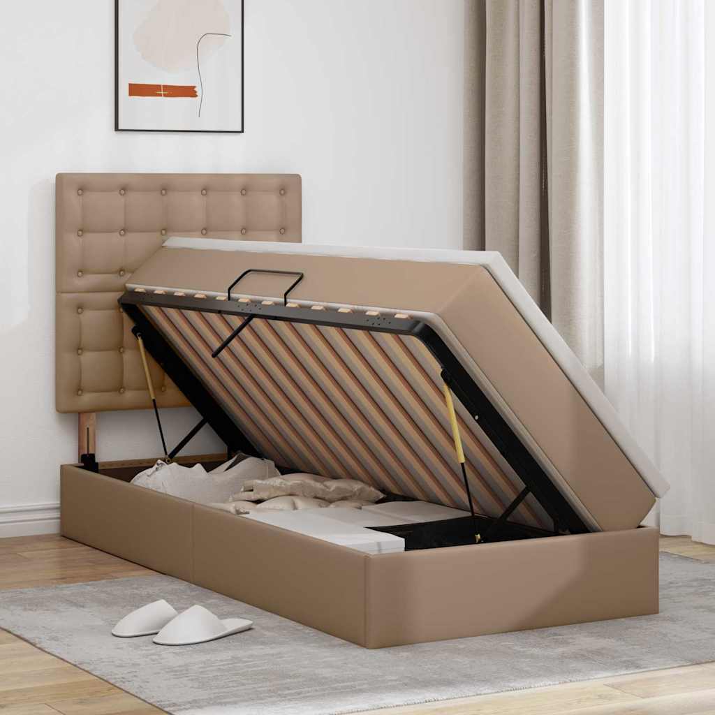 Opbergbed met LED met matras Cappuccino 90 x 190 cm Nep Leer is nu te koop bij PeponiXL, paradijselijk wonen!