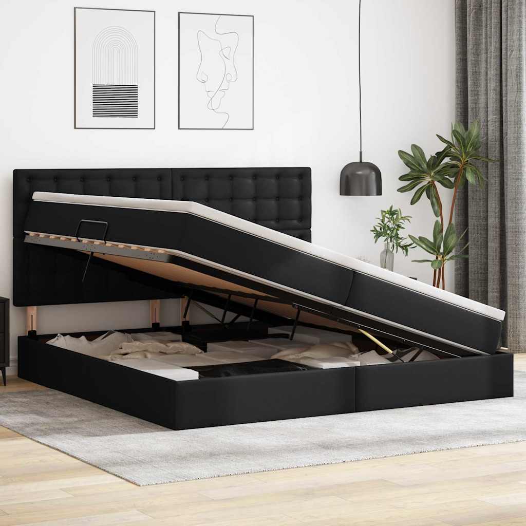 Opbergbed met LED met matras Zwart 200 x 200 cm Nep Leer is nu te koop bij PeponiXL, paradijselijk wonen!