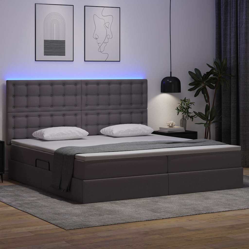 Opbergbed met LED met matras Grijs 200 x 200 cm Nep Leer