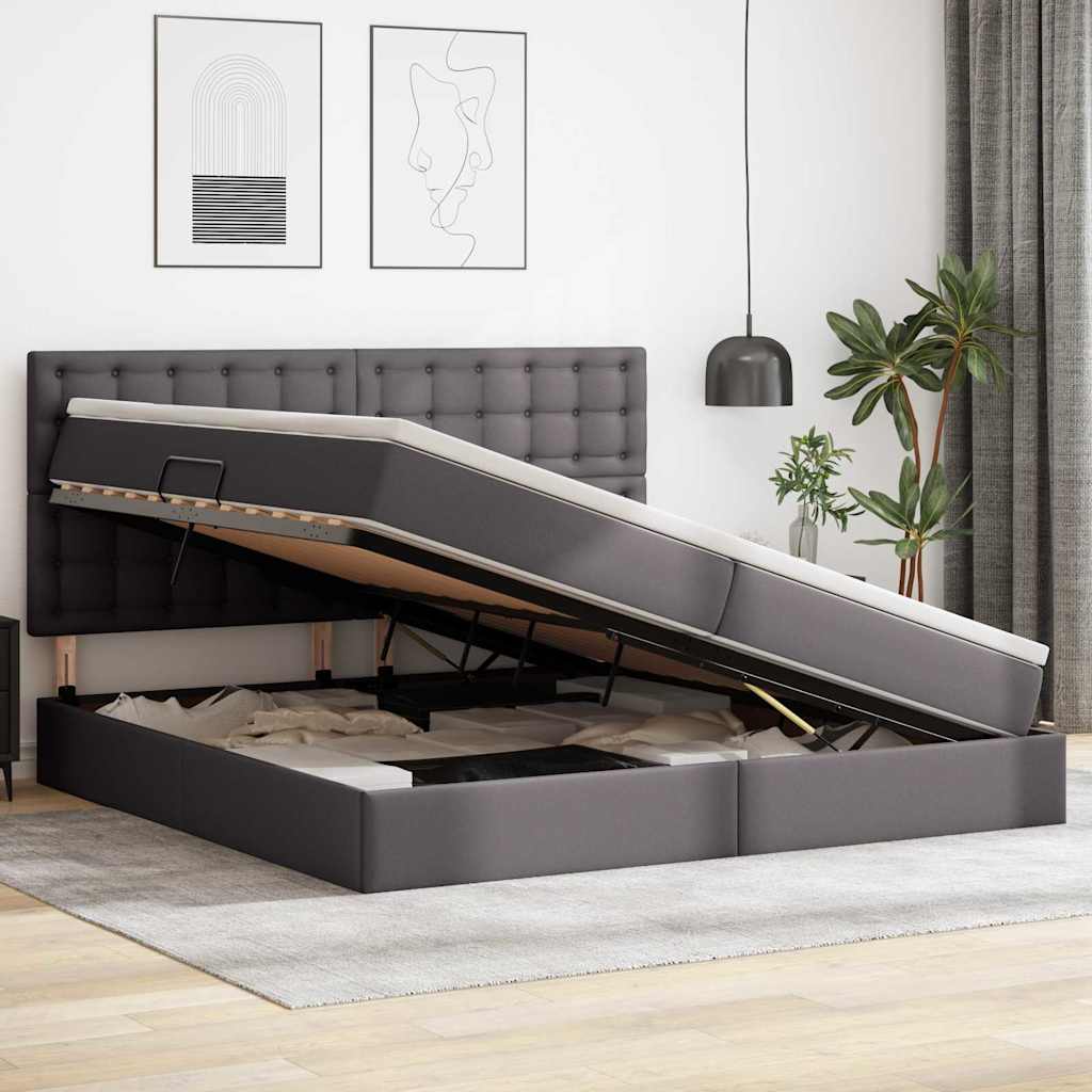 Opbergbed met LED met matras Grijs 200 x 200 cm Nep Leer