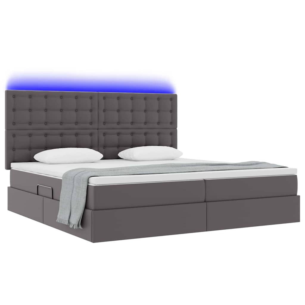 Opbergbed met LED met matras Grijs 200 x 200 cm Nep Leer