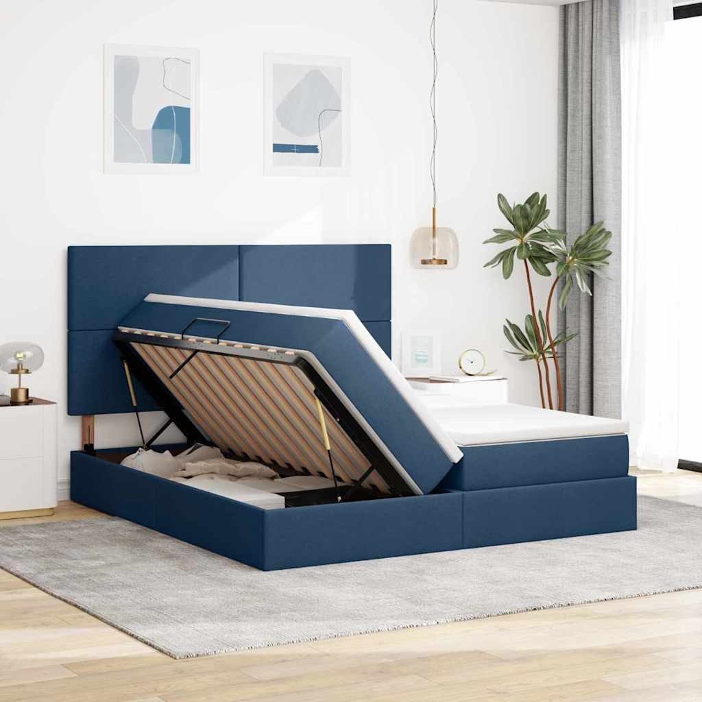 Bed met LED-stripverlichting met opslag Blauw 200 x 200 cm Stof is nu te koop bij PeponiXL, paradijselijk wonen!