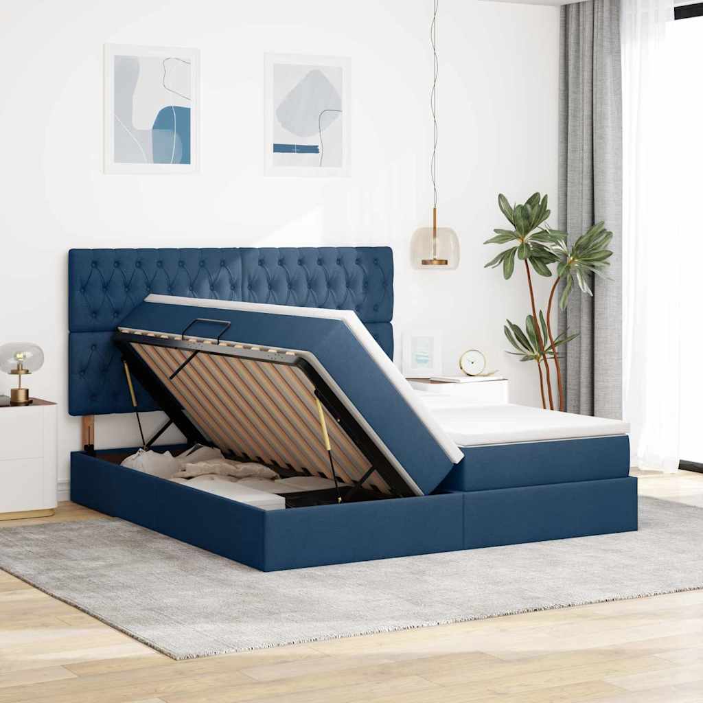 Bed met LED-stripverlichting met opslag Blauw 200 x 200 cm Stof is nu te koop bij PeponiXL, paradijselijk wonen!