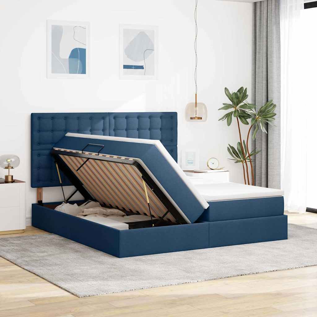 Bed met LED-striplichten met hoofdeinde Blauw 200 x 200 cm Stof is nu te koop bij PeponiXL, paradijselijk wonen!