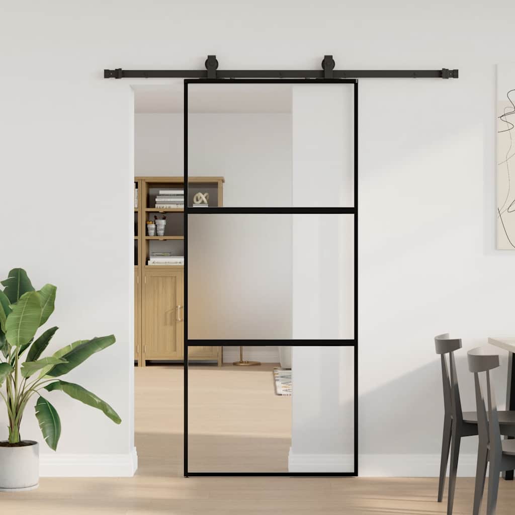Schuifdeur met beslagset 90x205 cm gehard glas zwart is nu te koop bij PeponiXL, paradijselijk wonen!