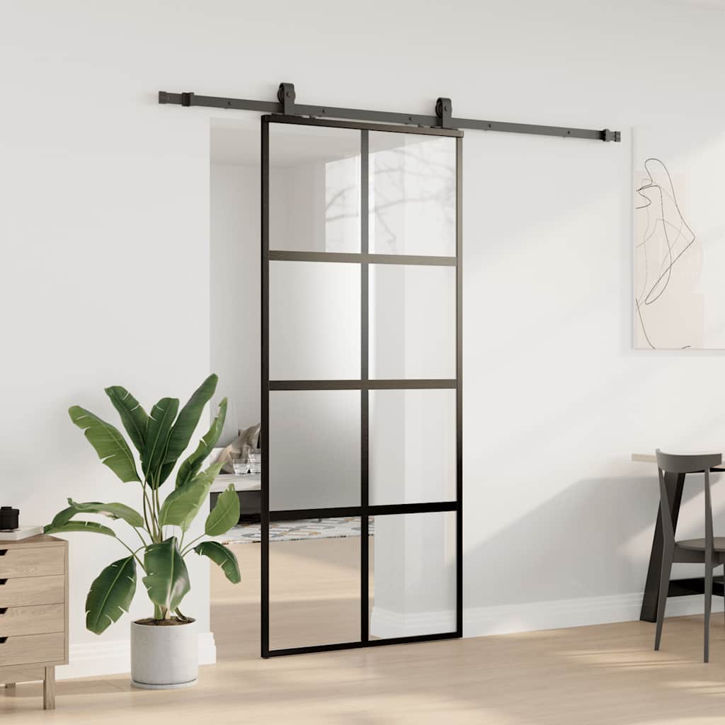 Schuifdeur met beslagset 90x205 cm gehard glas zwart is nu te koop bij PeponiXL, paradijselijk wonen!