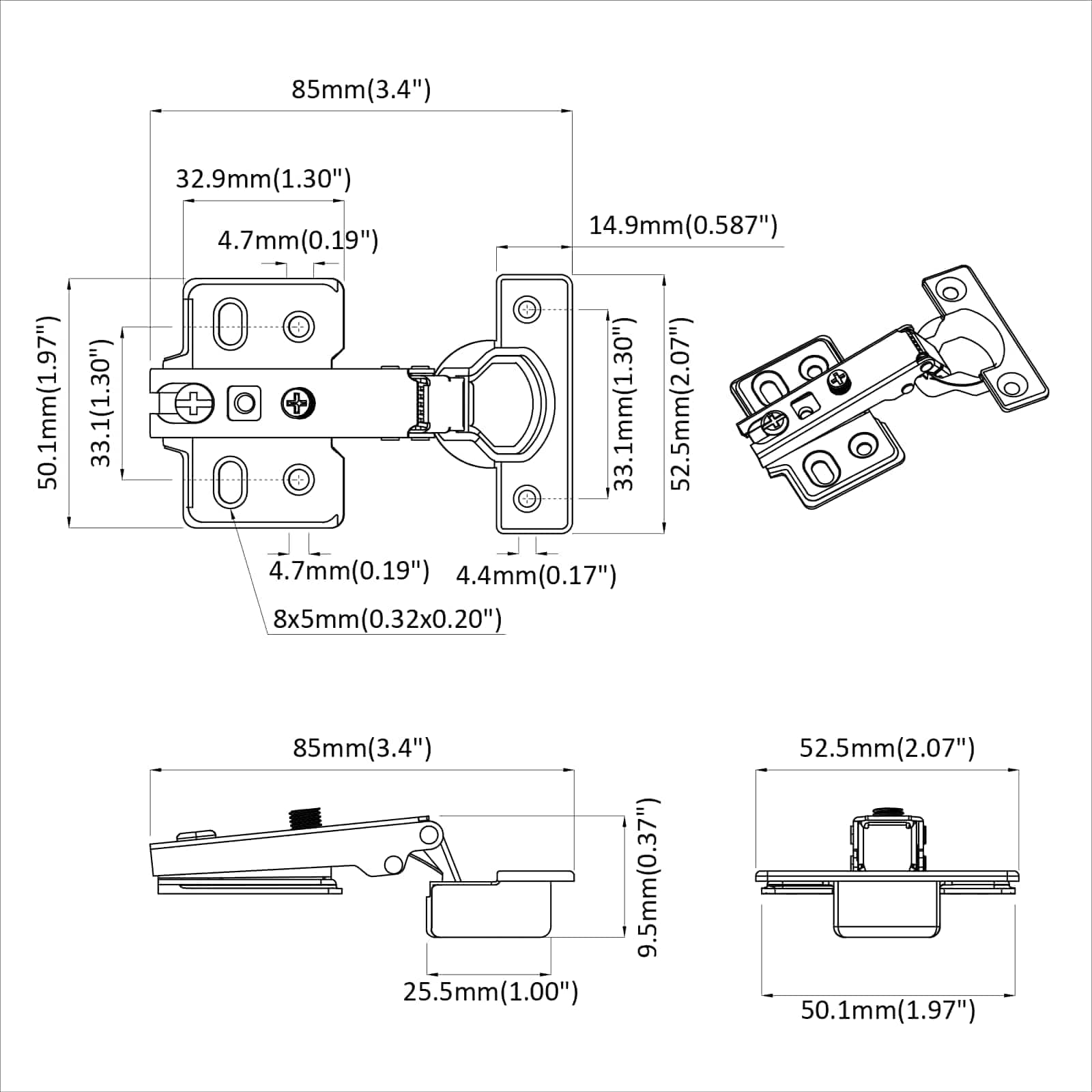 Scharnier 2 pcs Nikkel 85 x 52,5 x 9,5 mm IJzer is nu te koop bij PeponiXL, paradijselijk wonen!