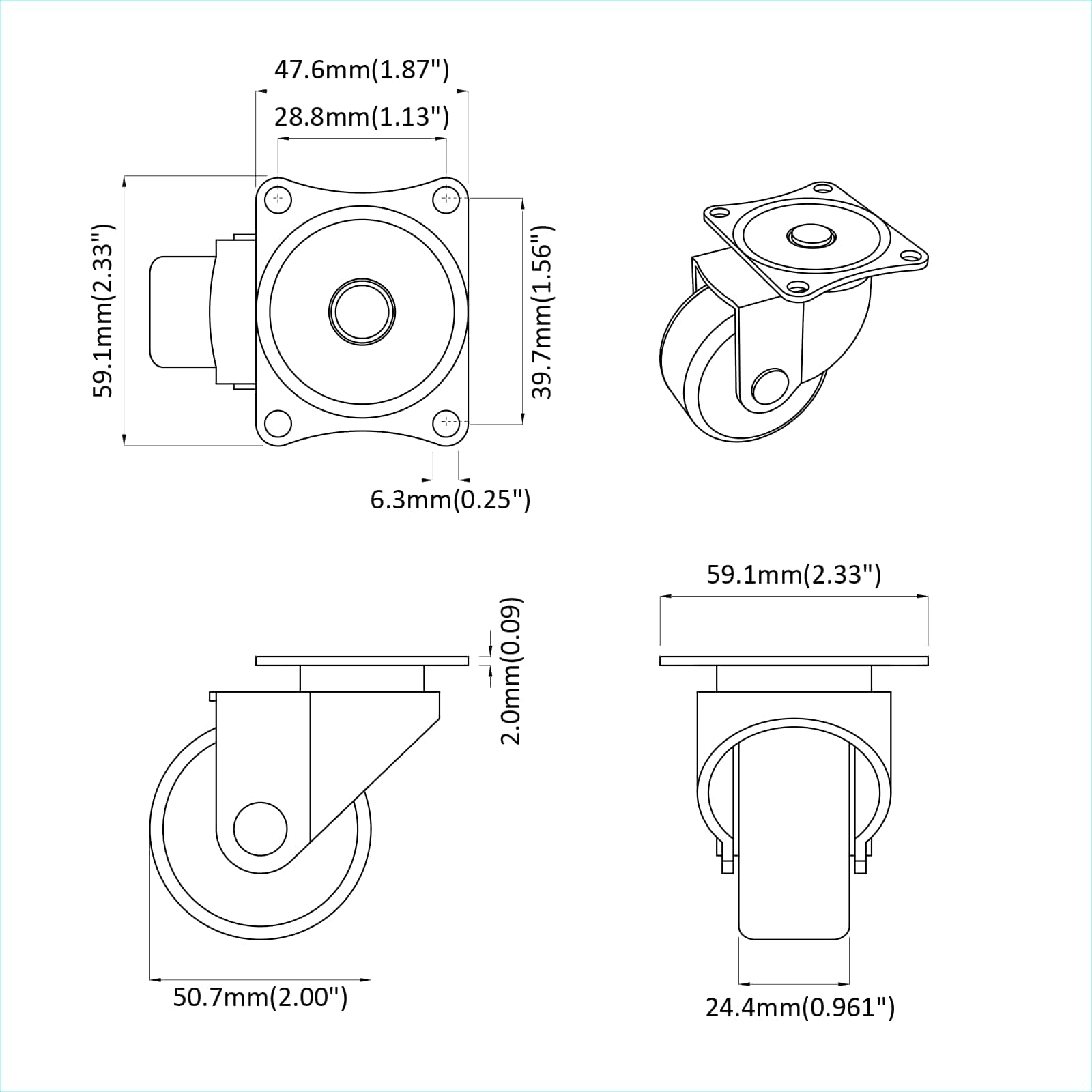 Zwenkwiel 2 pcs Zilver 60 x 60 x 50 mm IJs en nylon is nu te koop bij PeponiXL, paradijselijk wonen!
