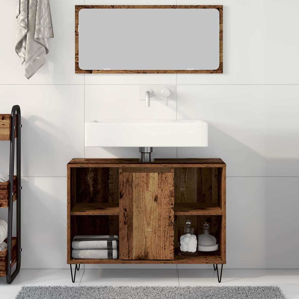 Badkamer Kast met plank Oud Hout 80 x 33 x 60 cm Bewerkt hout is nu te koop bij PeponiXL, paradijselijk wonen!