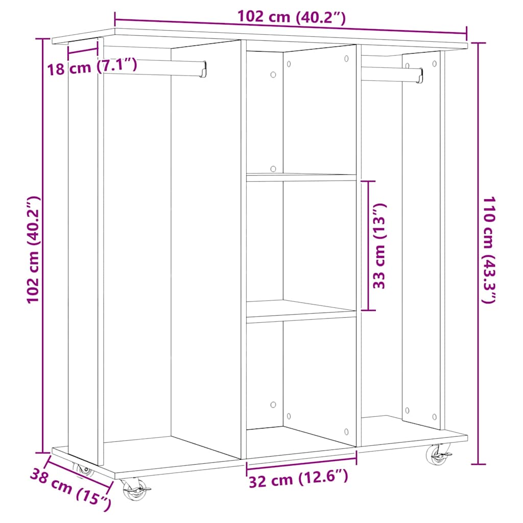 Kledingkast met wiel Zwart eiken 102 x 38 x 110 cm Bewerkt hout is nu te koop bij PeponiXL, paradijselijk wonen!