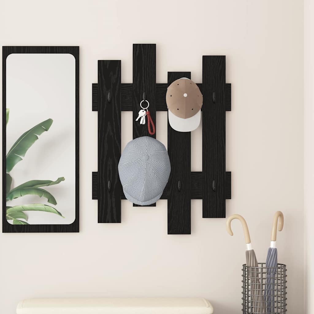 Wandgemonteerde kapstok Zwart Eiken 60 x 3 x 82 cm Bewerkt hout is nu te koop bij PeponiXL, paradijselijk wonen!