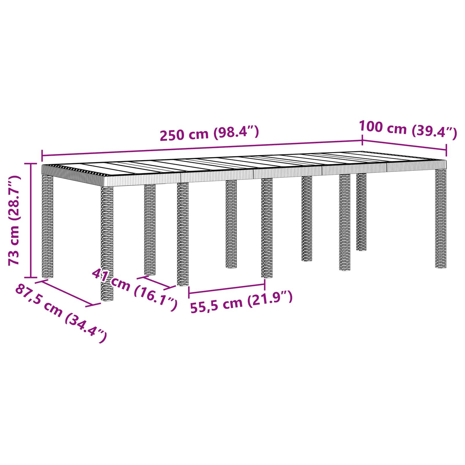 Tuinstafel Antraciet 250 x 100 x 73 cm poly rattan is nu te koop bij PeponiXL, paradijselijk wonen!