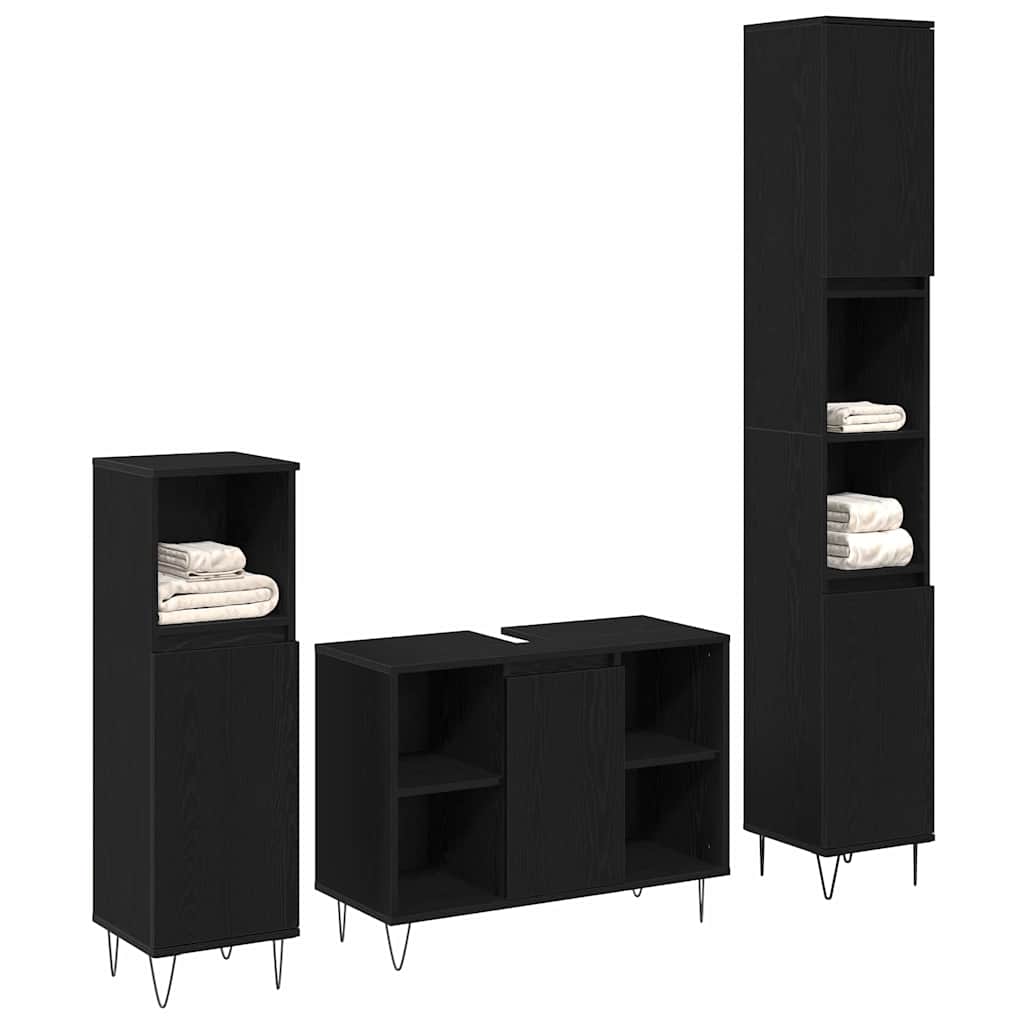 Badkamermeubelset met plank 3 pcs Zwart Eiken Bewerkt hout is nu te koop bij PeponiXL, paradijselijk wonen!