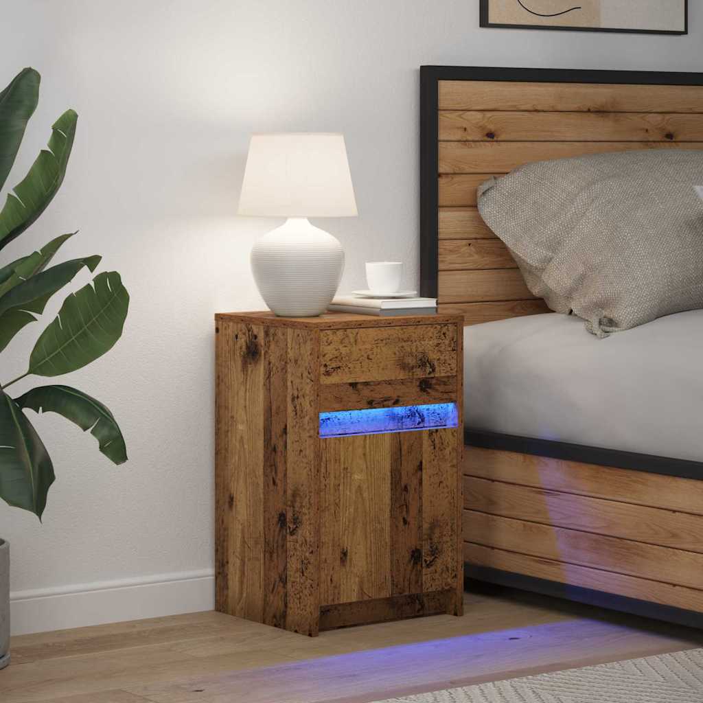 LED Bedside Kast met lade Oud hout 38 x 34 x 61 cm Bewerkt hout is nu te koop bij PeponiXL, paradijselijk wonen!