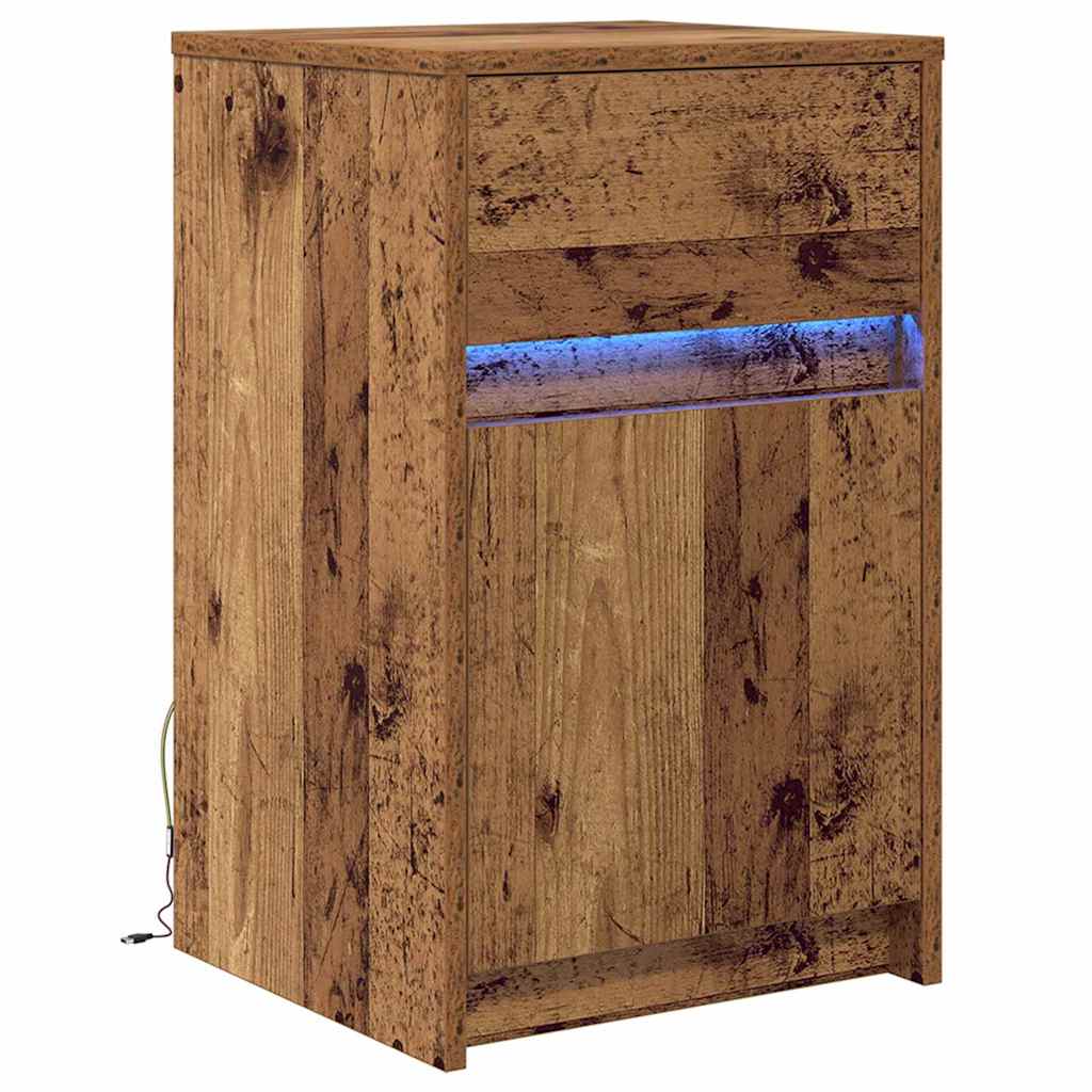 LED Bedside Kast met lade Oud hout 38 x 34 x 61 cm Bewerkt hout is nu te koop bij PeponiXL, paradijselijk wonen!