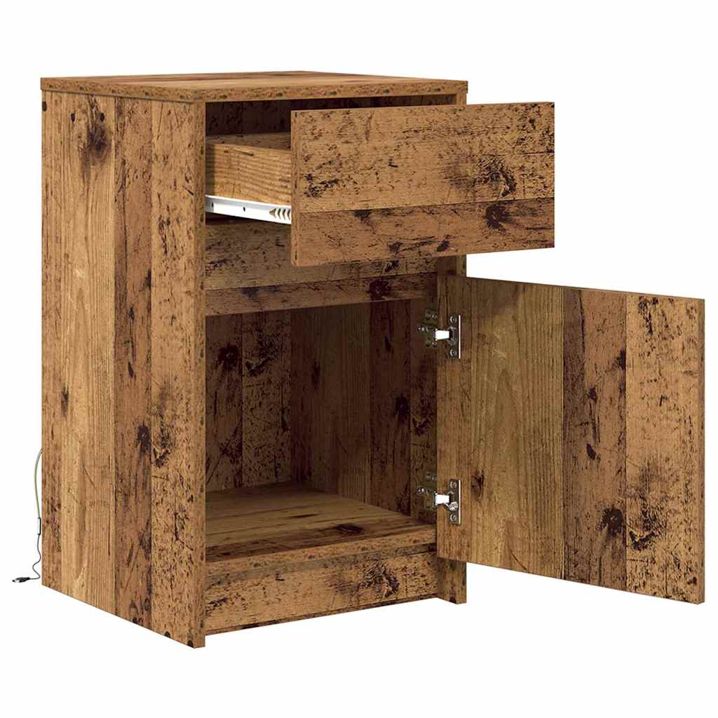 LED Bedside Kast met lade Oud hout 38 x 34 x 61 cm Bewerkt hout is nu te koop bij PeponiXL, paradijselijk wonen!