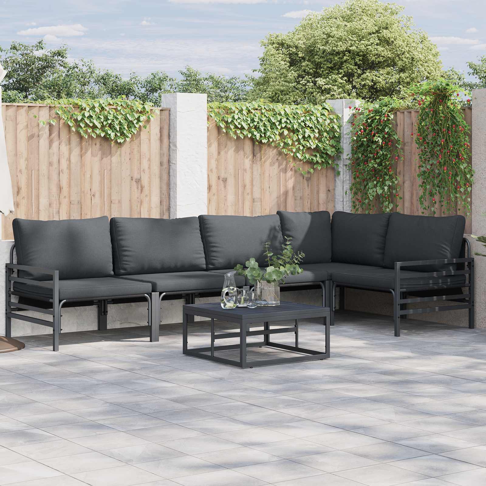 Tuinbankenset met kussen 6 pcs Zwart Staal is nu te koop bij PeponiXL, paradijselijk wonen!