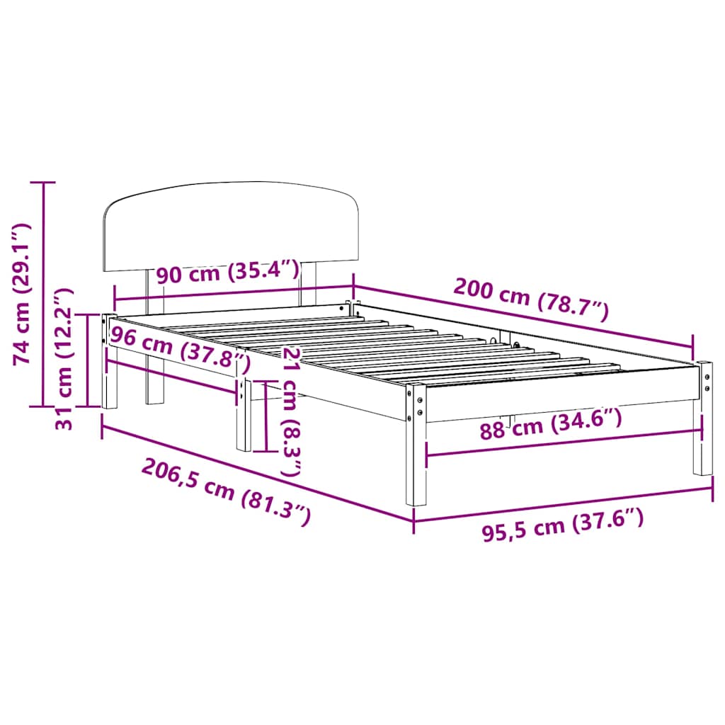 Bedframe met hoofdeinde Naturel 90 x 200 cm Massief grenenhout is nu te koop bij PeponiXL, paradijselijk wonen!