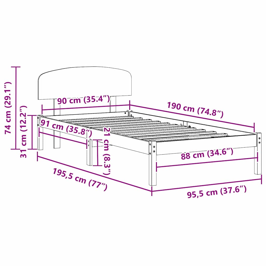 Bedframe met hoofdeinde Wasbruin 90 x 190 cm Massief grenenhout is nu te koop bij PeponiXL, paradijselijk wonen!