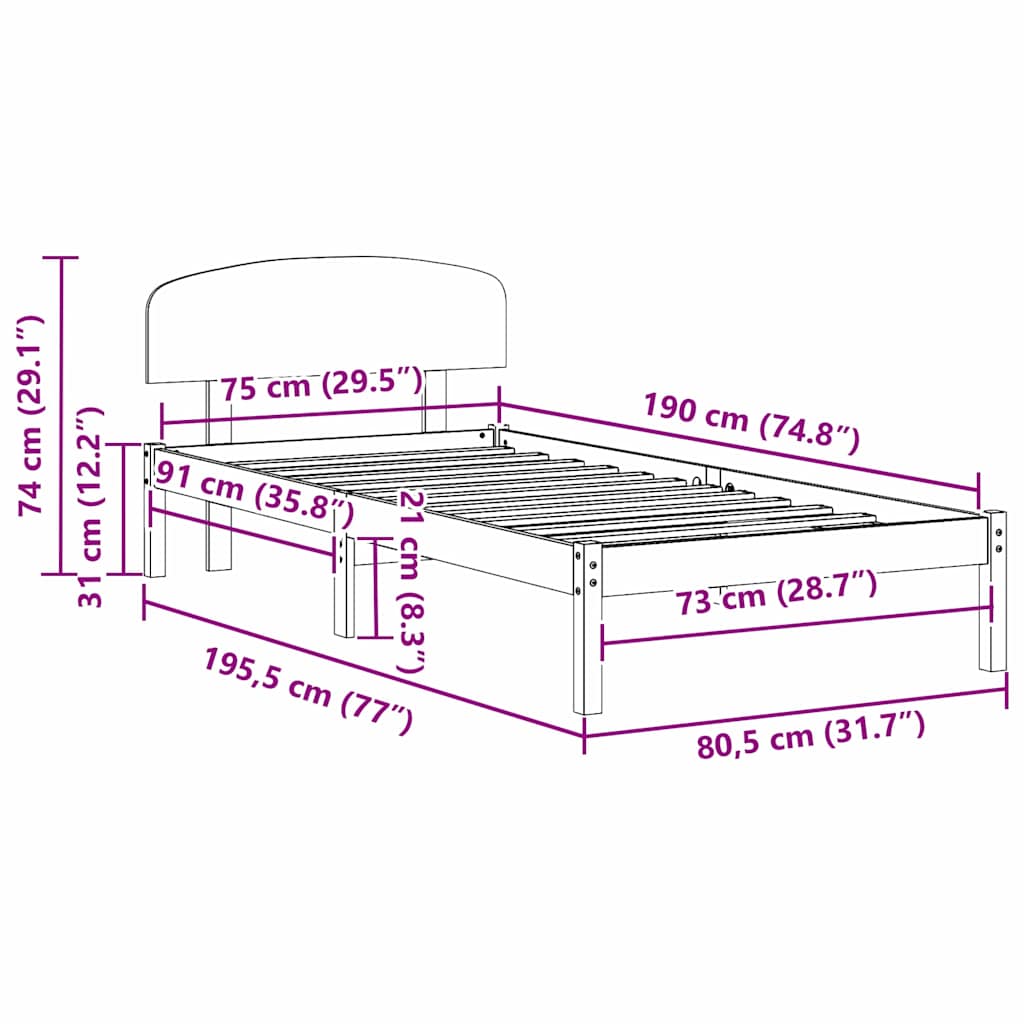 Bedframe met hoofdeinde Naturel 75 x 190 cm Massief grenenhout is nu te koop bij PeponiXL, paradijselijk wonen!