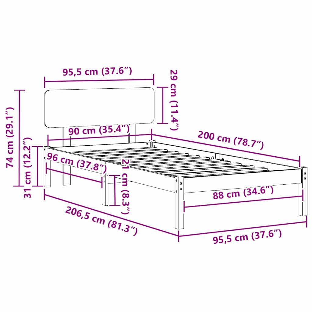 Bedframe met hoofdeinde Naturel 90 x 200 cm Massief grenenhout is nu te koop bij PeponiXL, paradijselijk wonen!