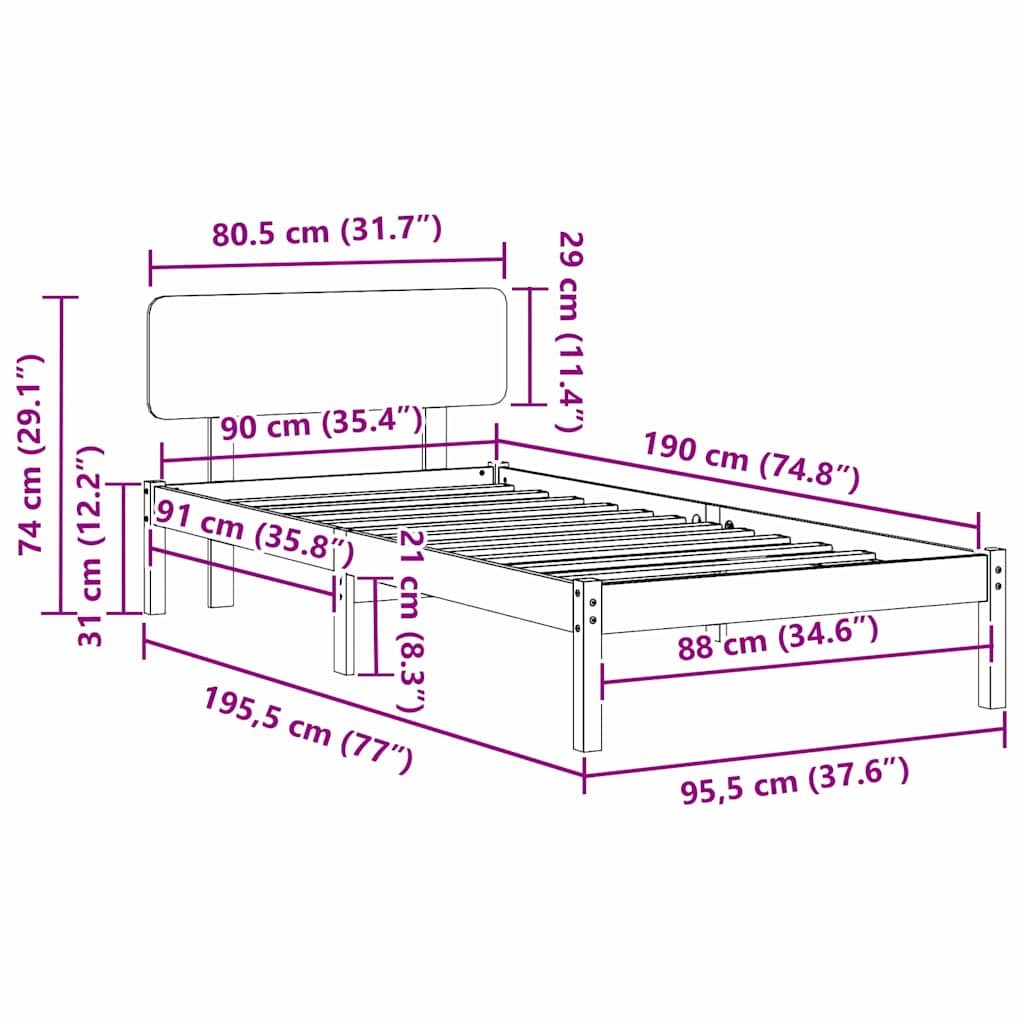 Bedframe met hoofdeinde Wasbruin 90 x 190 cm Massief grenenhout is nu te koop bij PeponiXL, paradijselijk wonen!
