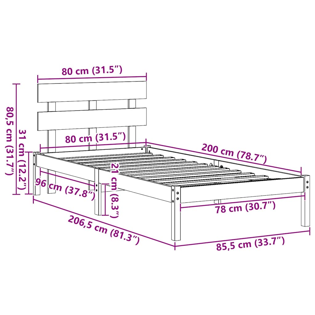 Bedframe met hoofdeinde Bruin 80 x 200 cm Massief grenenhout is nu te koop bij PeponiXL, paradijselijk wonen!