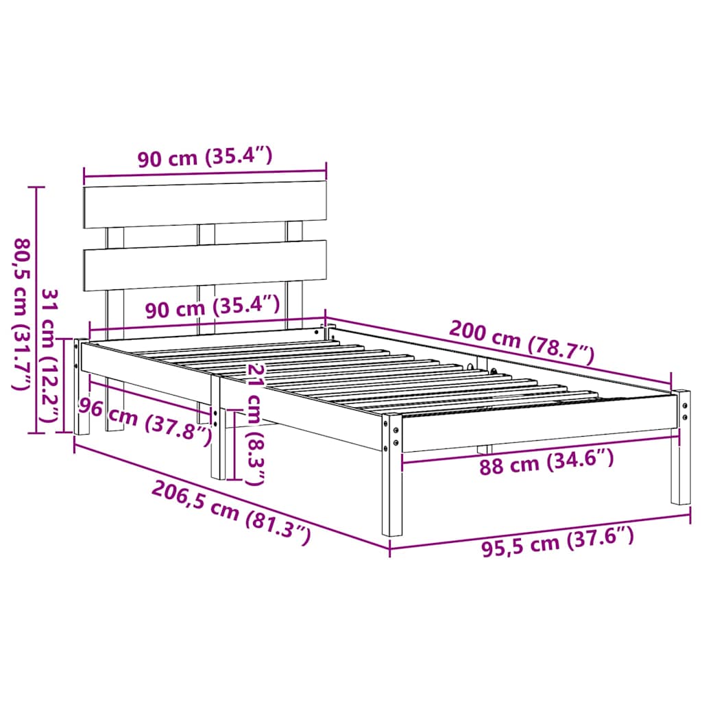Bedframe met hoofdeinde Bruin 90 x 200 cm Massief grenenhout is nu te koop bij PeponiXL, paradijselijk wonen!