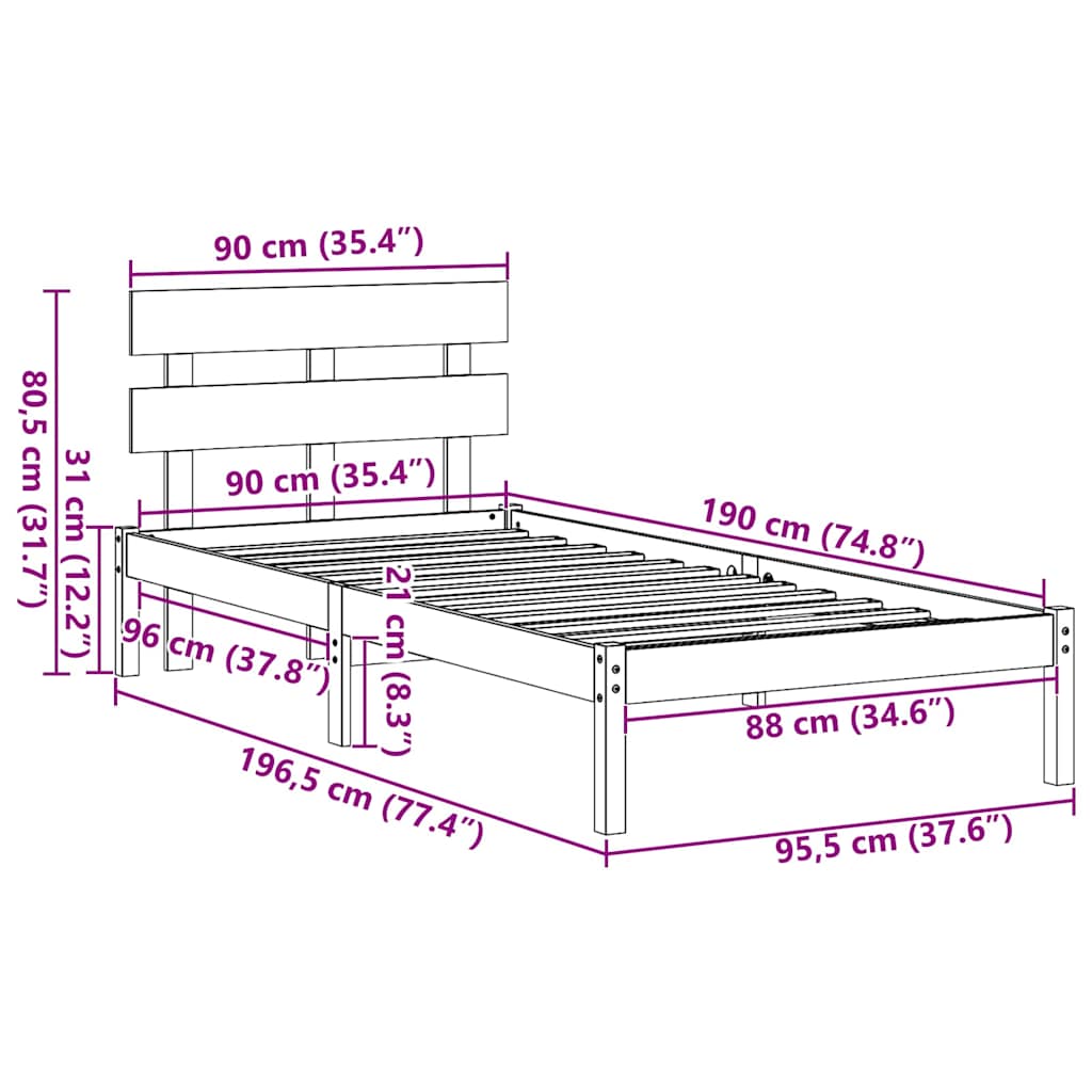 Bedframe met hoofdeinde Bruin 90 x 190 cm Massief grenenhout is nu te koop bij PeponiXL, paradijselijk wonen!