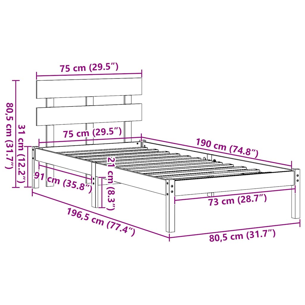 Bedframe met hoofdeinde Bruin 75 x 190 cm Massief grenenhout is nu te koop bij PeponiXL, paradijselijk wonen!
