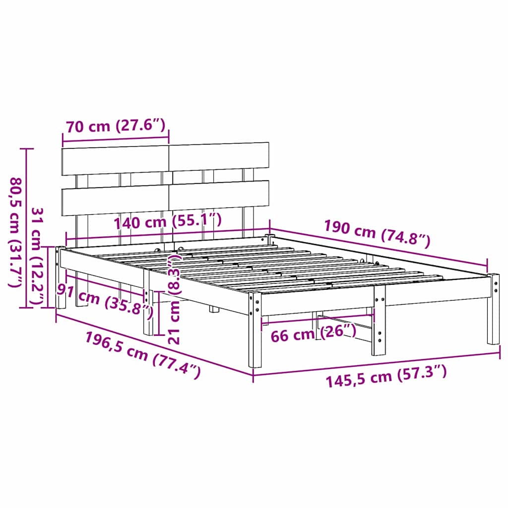 Bedframe met hoofdeinde Bruin 140 x 190 cm Massief grenenhout is nu te koop bij PeponiXL, paradijselijk wonen!
