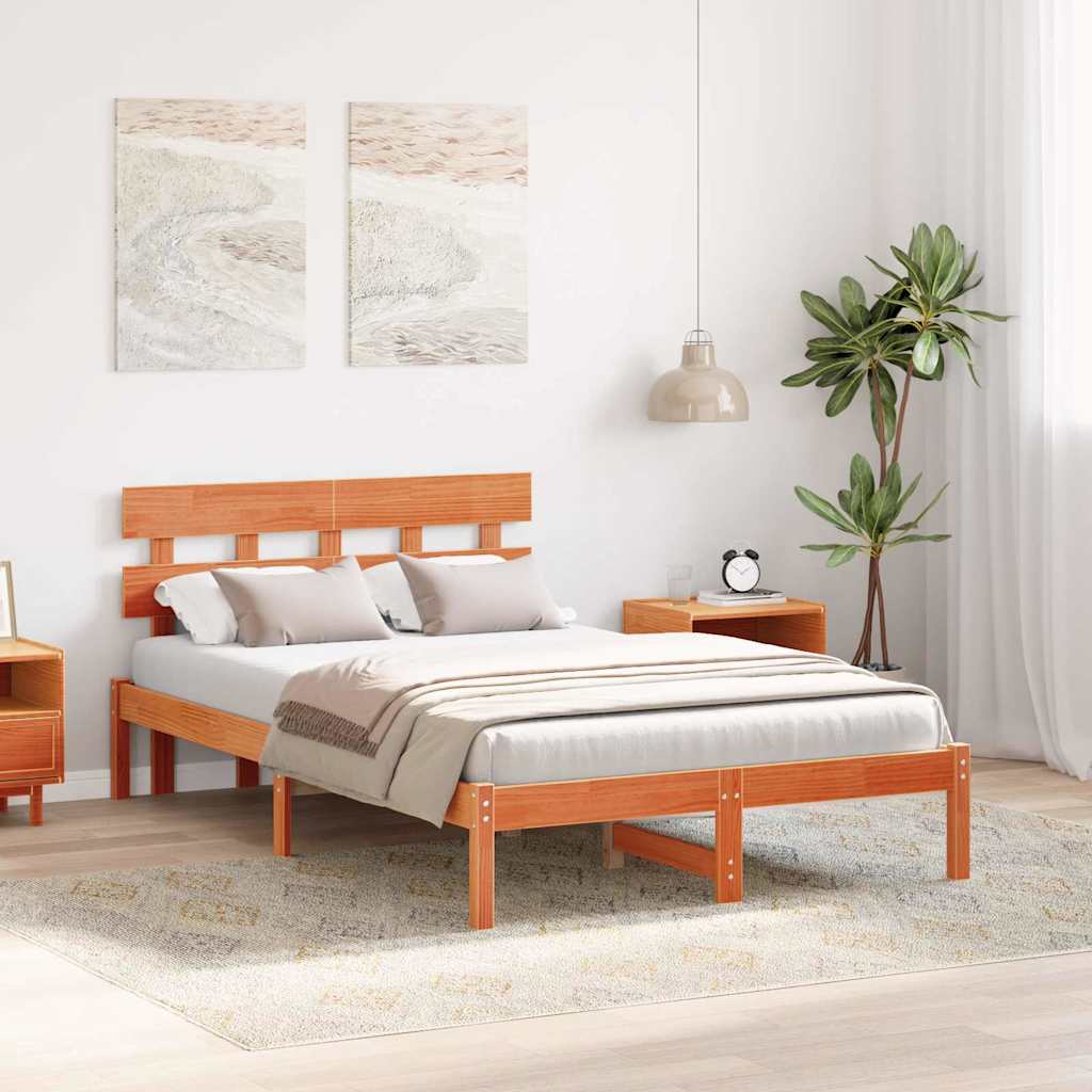 Bedframe met hoofdeinde Bruin 135 x 190 cm Massief grenenhout is nu te koop bij PeponiXL, paradijselijk wonen!