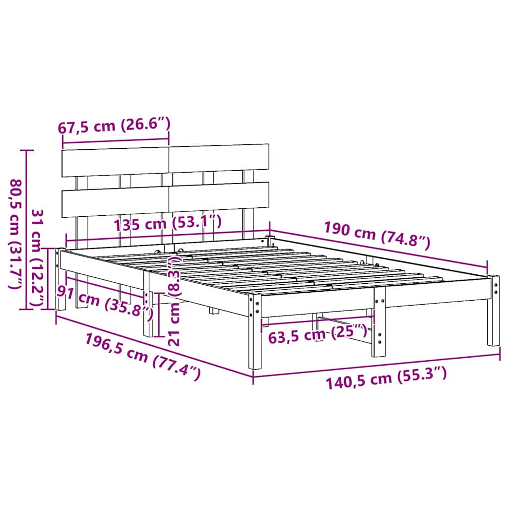 Bedframe met hoofdeinde Bruin 135 x 190 cm Massief grenenhout is nu te koop bij PeponiXL, paradijselijk wonen!