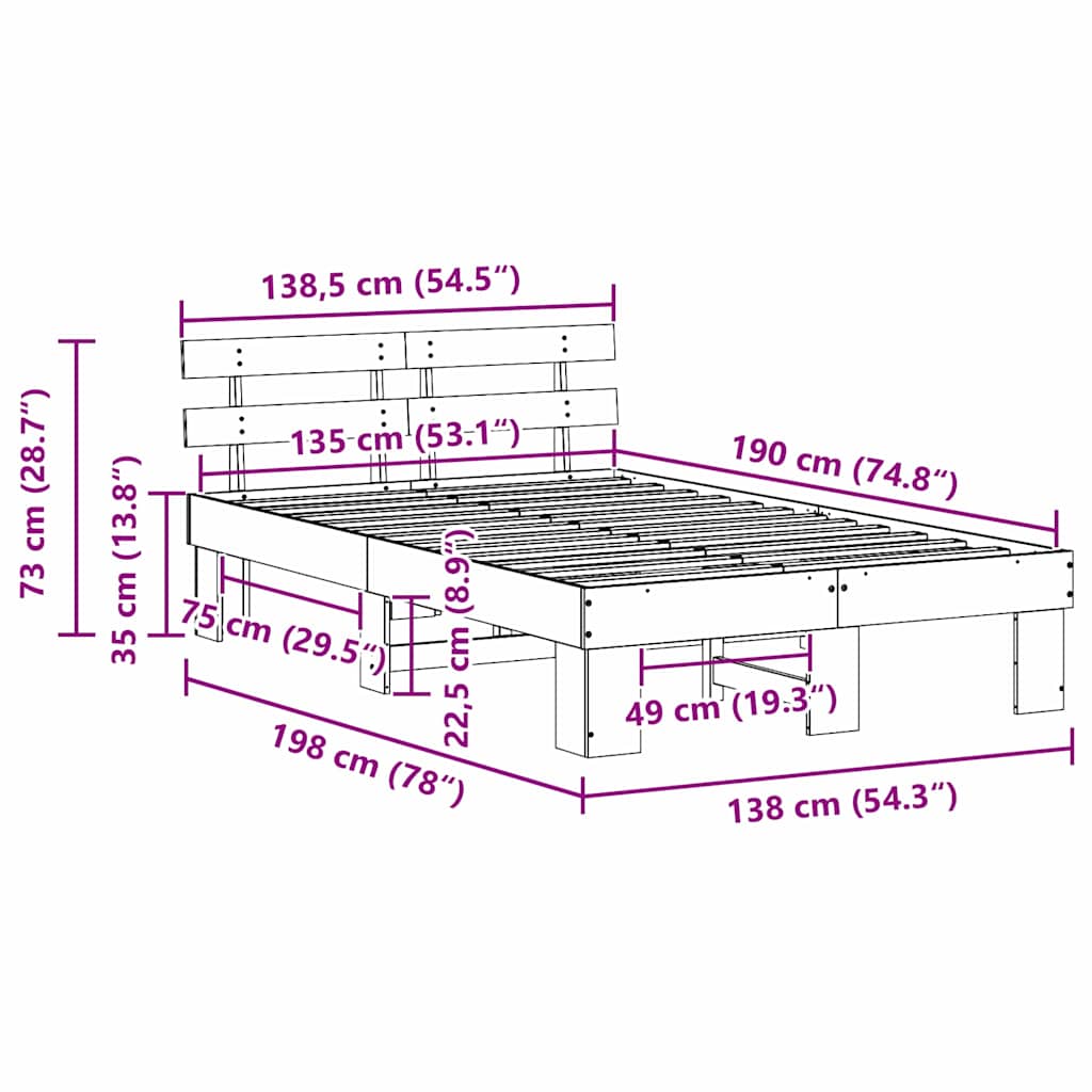 Bedframe met hoofdeinde Wit 135 x 190 cm Massief grenenhout is nu te koop bij PeponiXL, paradijselijk wonen!