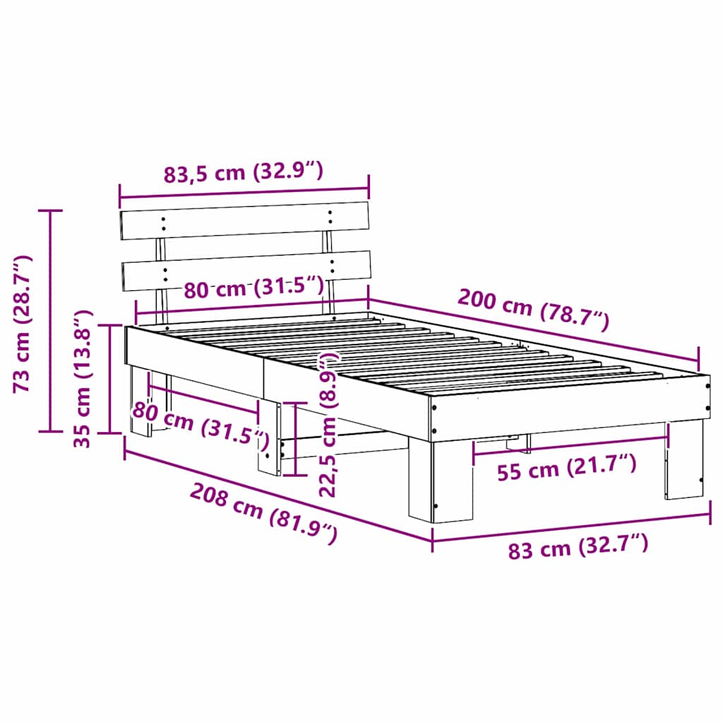 Bedframe met hoofdeinde Wasbruin 80 x 200 cm Massief grenenhout is nu te koop bij PeponiXL, paradijselijk wonen!