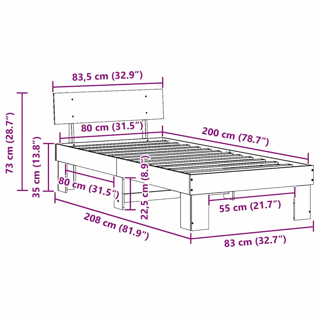 Bedframe met hoofdeinde Wasbruin 80 x 200 cm Massief grenenhout is nu te koop bij PeponiXL, paradijselijk wonen!