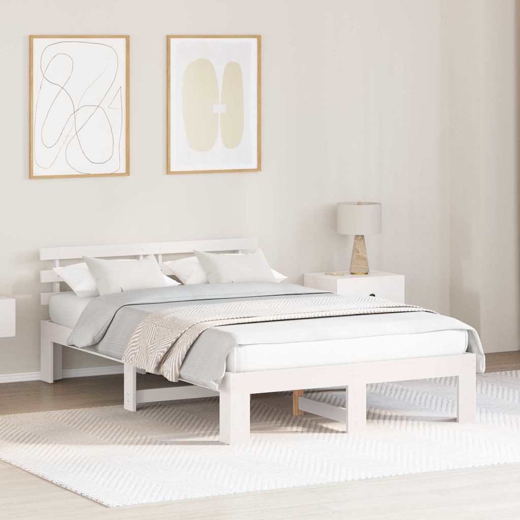 Bedframe met hoofdeinde Wit 135 x 190 cm Massief grenenhout is nu te koop bij PeponiXL, paradijselijk wonen!