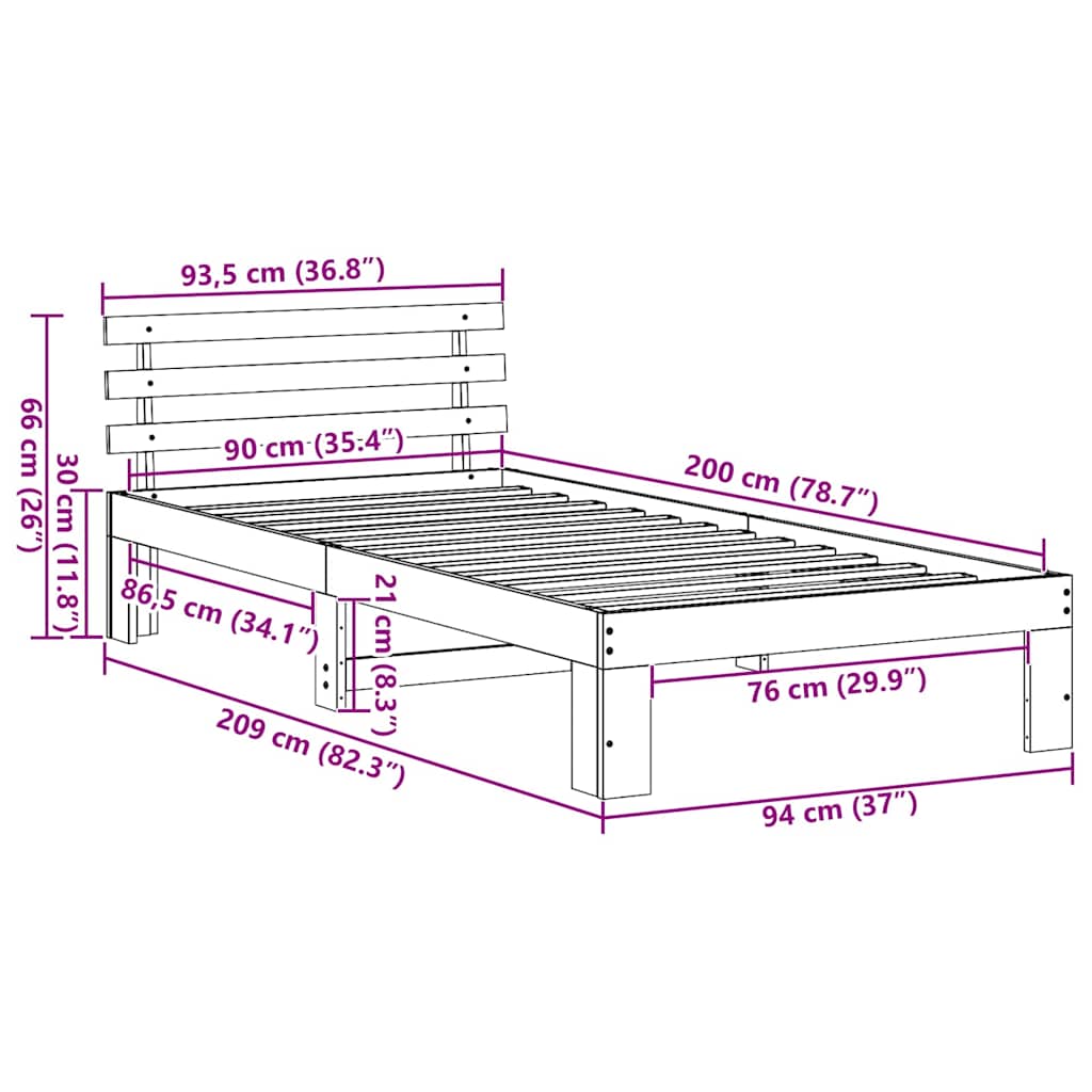Bedframe met hoofdeinde Wit 90 x 200 cm Massief grenenhout is nu te koop bij PeponiXL, paradijselijk wonen!