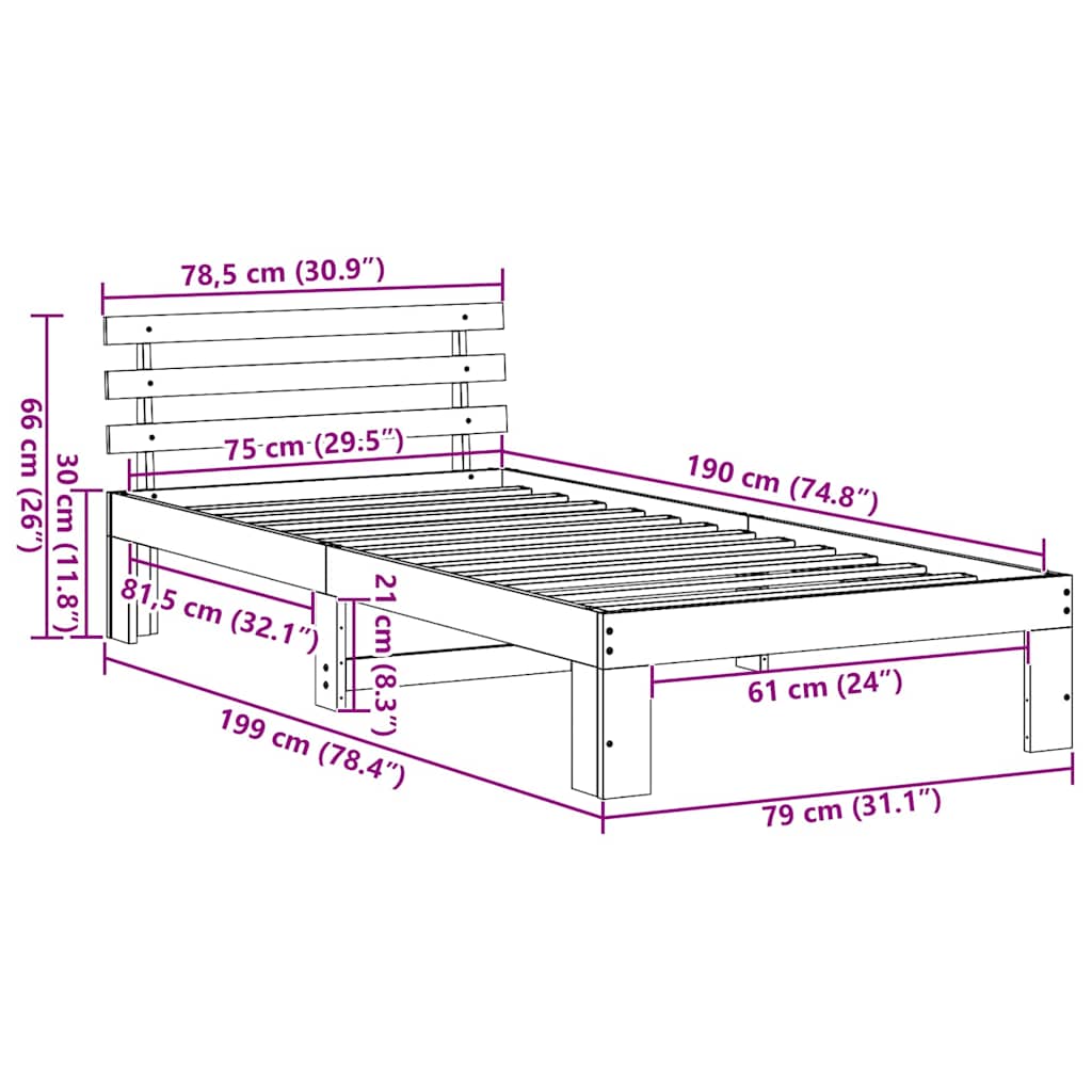 Bedframe met hoofdeinde Naturel 75 x 190 cm Massief grenenhout is nu te koop bij PeponiXL, paradijselijk wonen!