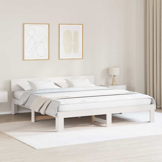 Bedframe met hoofdeinde Wit 200 x 200 cm Massief grenenhout is nu te koop bij PeponiXL, paradijselijk wonen!