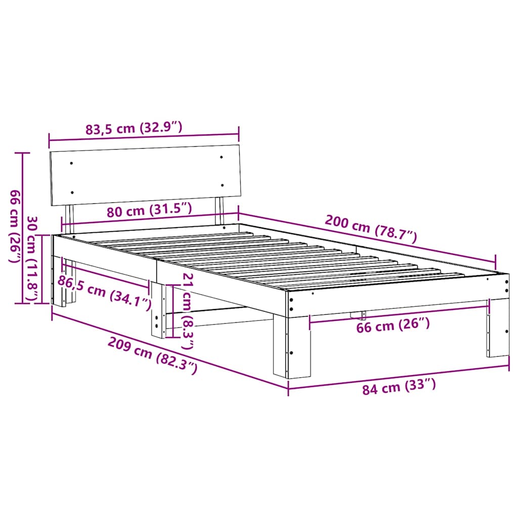 Bedframe met hoofdeinde Wasbruin 80 x 200 cm Massief grenenhout is nu te koop bij PeponiXL, paradijselijk wonen!